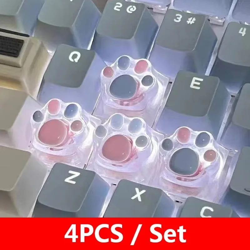 

4PCS Colorful Transparent Cat Claw Pad Resin Keycap Game Mechanical Keyboard Keycap Transparent RGBESC WASD Keycap