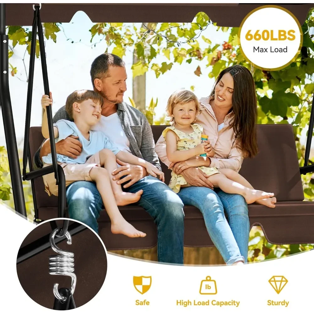 Varanda dianteira Swing Swing para Adultos, Banco exterior Swing com almofada removível, Canopy ajustável, Balanços do pátio, 3 Seat