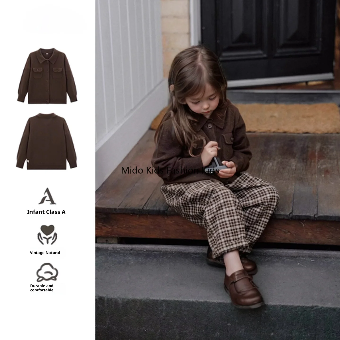 25 Autumn Scandinavian Style Cotton Lapel Children's Tops Solid Colour Simple Double Pockets Knitted Row Button Cardigan Jacket