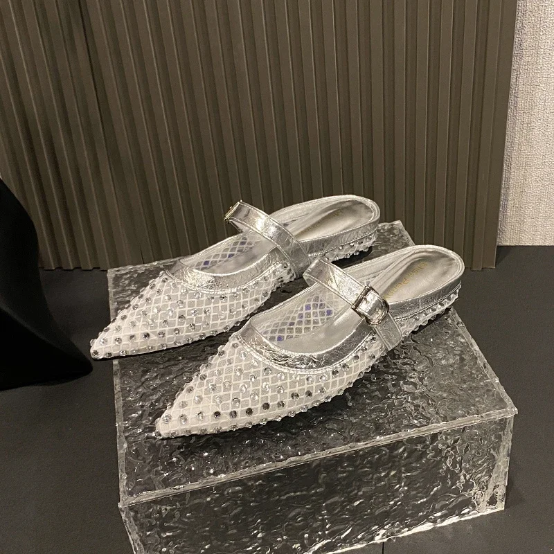 

Shoes for Women 2025 New Retro Pointed Toe Buckle Strap Hollow Out Women's Slippers Rhinestone Baotou Low-heel Modern Slippers