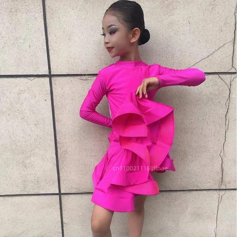 

Children's Latin Dance Professional Competition Dress Front Round Back V-neck Girls' Long Sleeved Exam Dress Stage Performance