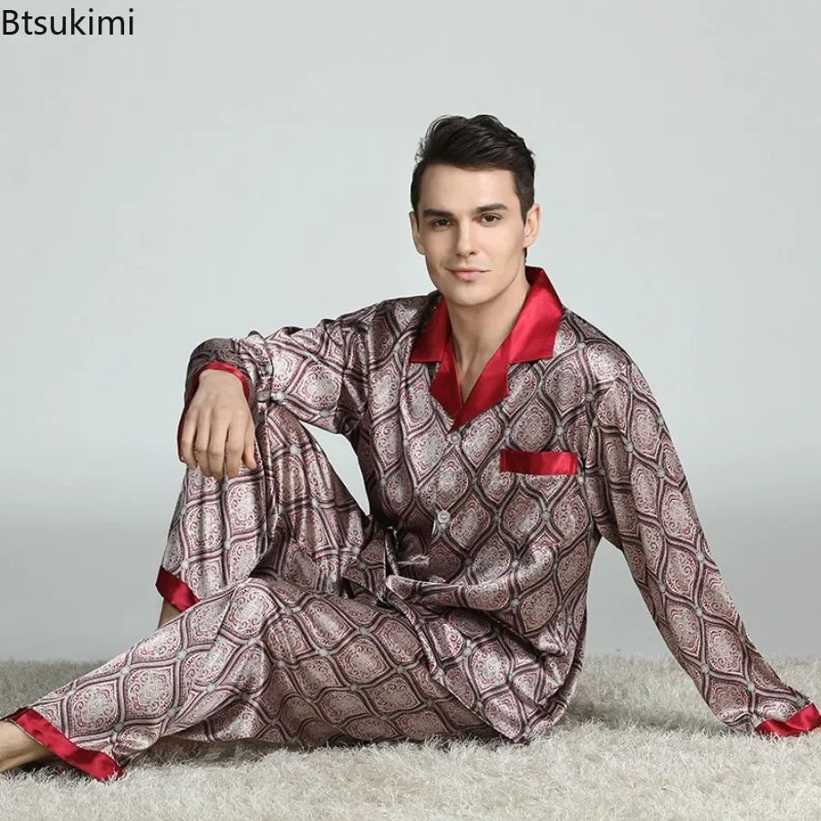 2024Men\'s Spring Summer Pajamas Sets Long Sleeve Tops&Pants Two-pieces Satin Home Clothes Male Ice Silk Printed Lounge Nightwear