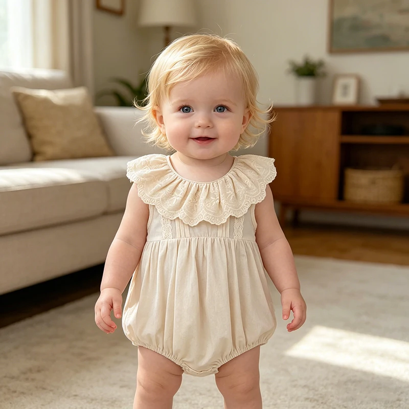 2026 Baby Sommer Neu 0-24M Ärmelloser Spitzenkragen-Strampler Baumwolle Prinzessinnen-Kleidung Baby Mädchen Romper