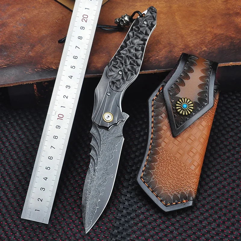 

Damascus Steel Folding Knife Ebony wood Handle Outdoor Hunting High Quality Pocket Knife Camping Tactical Defense EDC Tools