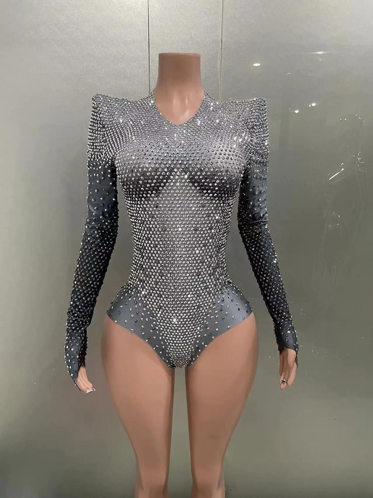 STOCK Sparkly strass tuta manica lunga Costume da ballo Sexy Drag Queen Show Performance Club body Stage Wear