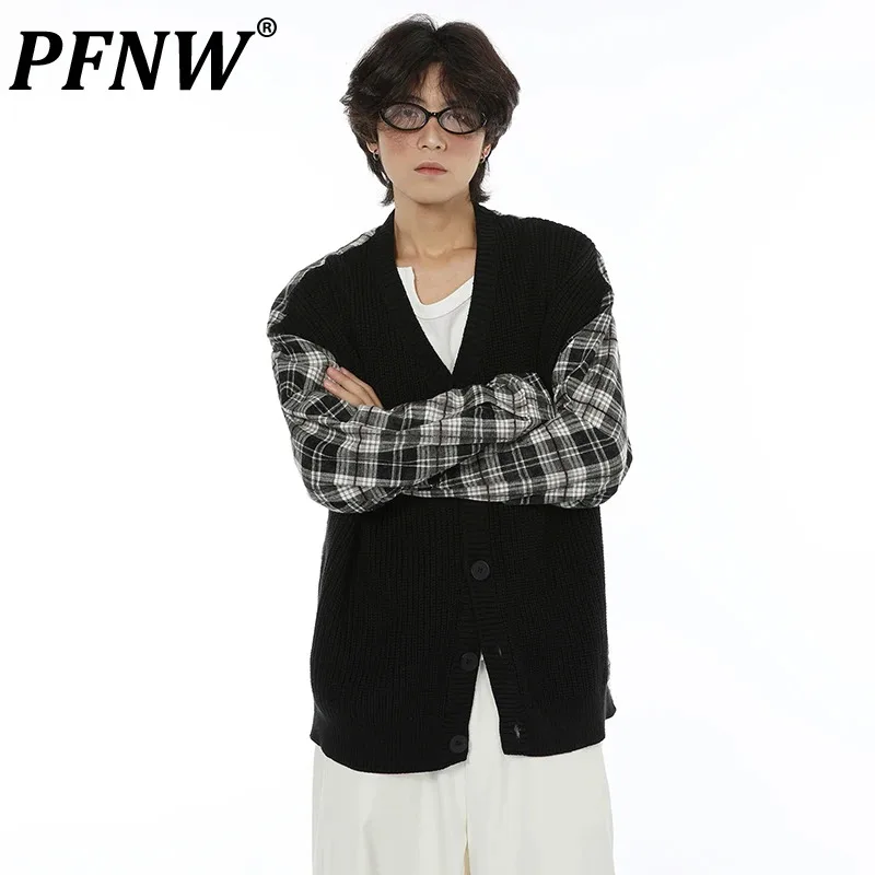 

PFNW Korean Fake Two-piece Grid Splicing Cardigan Sweater Lazy Style Loose Casual Men's Knitted Tops 2024 Autumn Trendy 28W4237