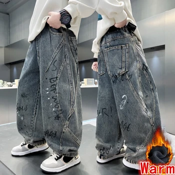 ZOETOPKID Kids Winter Warm Distressed Jeans with Letter for Boy Thick Thermal Denim Pants Children Corduroy Lined Baggy Trousers