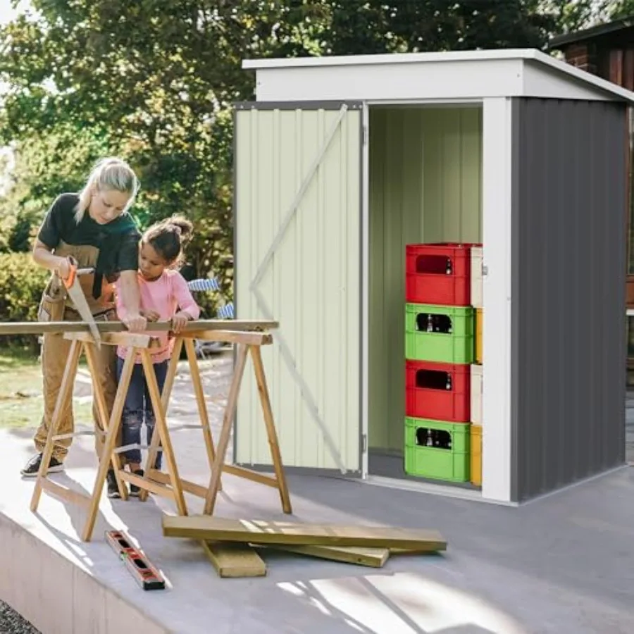 Outdoor storage shed for backyard patio use, galvanized steel construction, gray finish, weather-resistant with single lockable