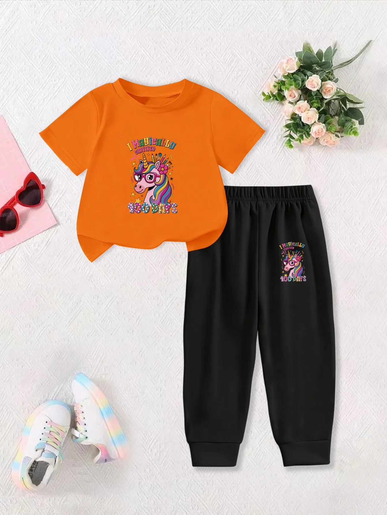 

2 шт.: Летний милый милый спортивный костюм с короткими рукавами для девочек — красочный принт единорога с героями мультфильмов