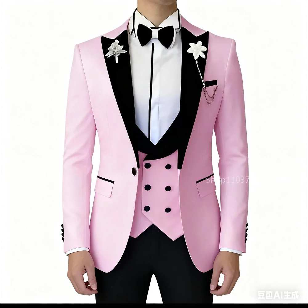 

Classic Solid Black Peak Lapel 3-Piece Men's Suit Slim Fit Elegant Blazer Vest Pants Set for Wedding And Business