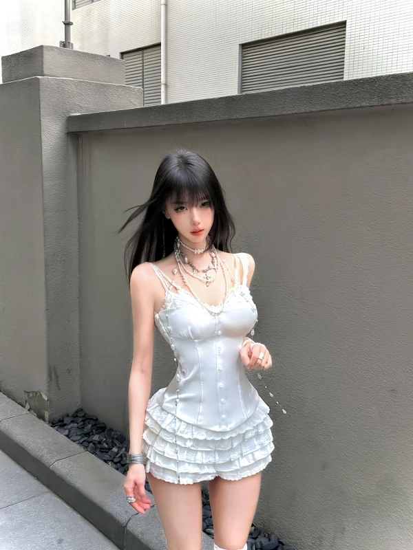 

Summer Initial Beautiful Spicy Girl Set Dress White Lace Fake Two-Piece Strap White Puffy Cake Skirt Elegant Two-Piece Set