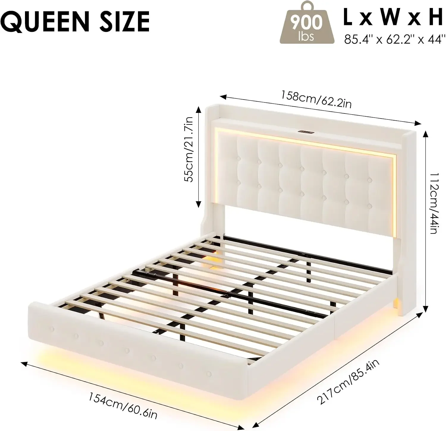 Queen Floating Bed Frame with Storage Headboard, LED Lights & Charging Station Platform Bed, Soft Upholstered Velvet