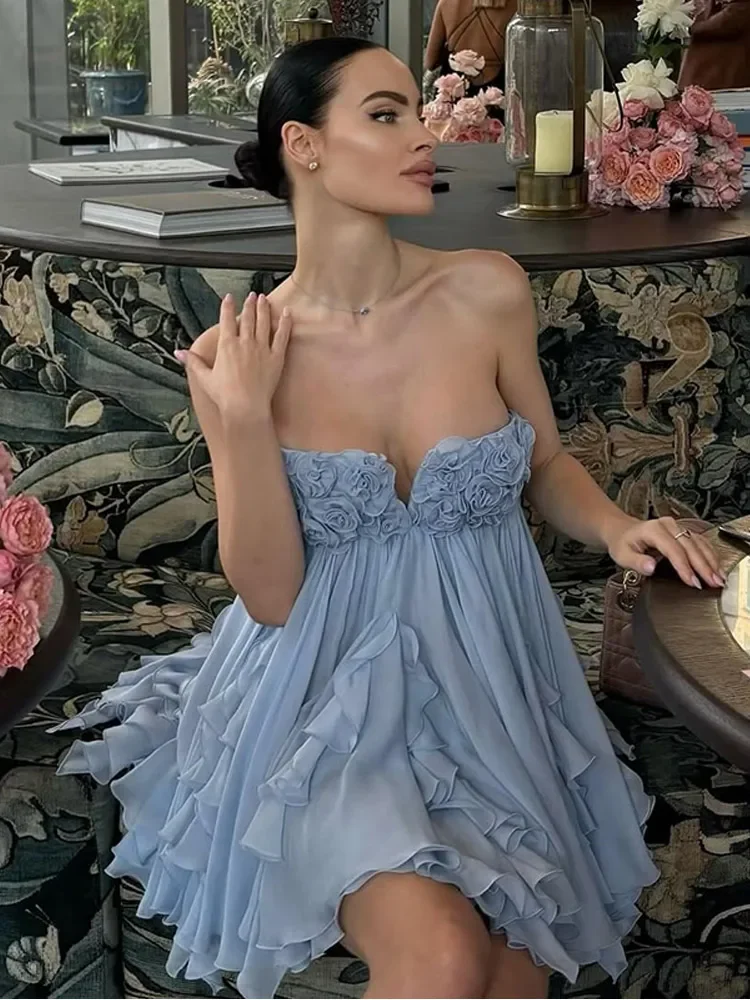 Moda feminina 3d flor azul em camadas babados sem alças mini vestido sexy senhora sem costas sem mangas vestidos nova senhora beach wear