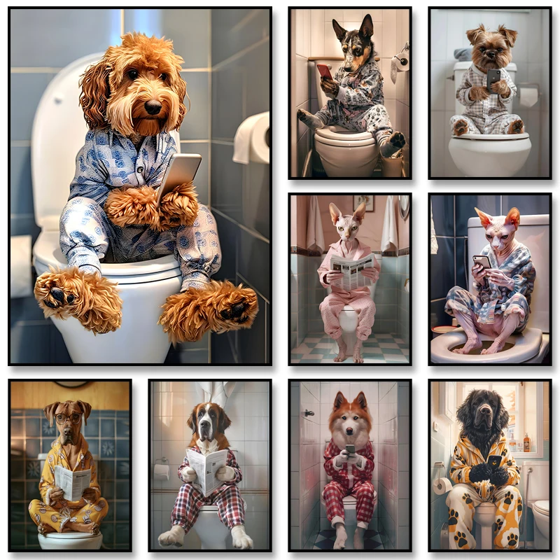 Póster de perro divertido Goldendoodle sentado en el baño en el teléfono móvil, arte Animal impreso, perro en el baño, pintura en lienzo para decoración del hogar