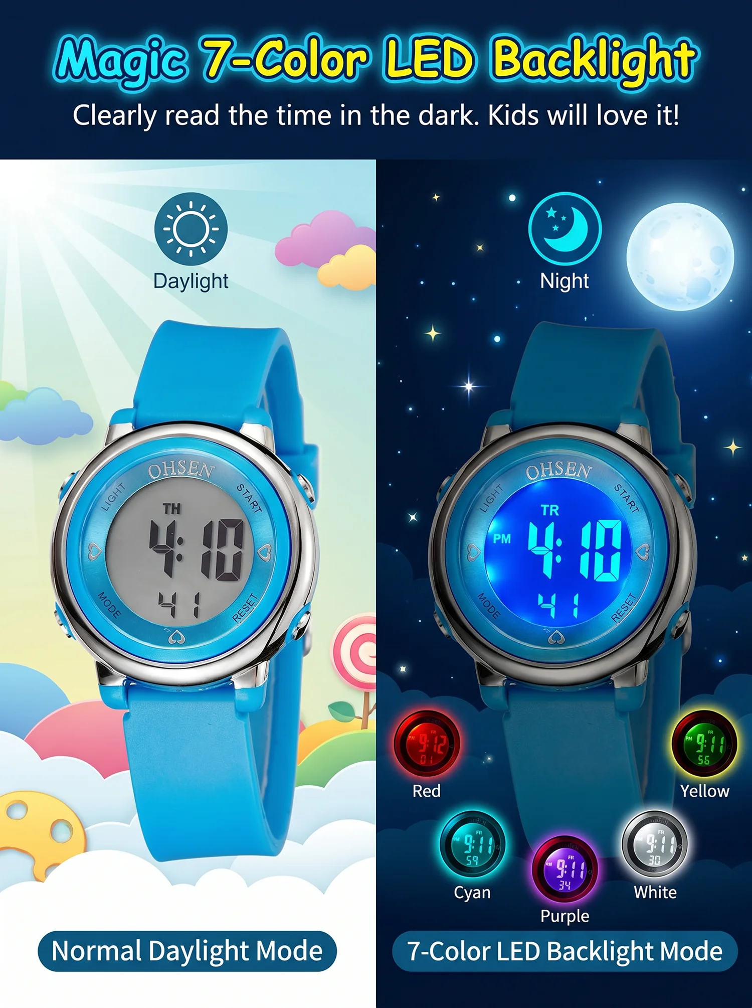 OHSEN Sport Kids Watches 50M Waterproof White Silicone Electronic Wristwatch Stopwatch Children Digital LED Watch For Boys Girls