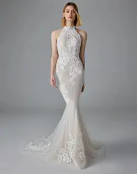 Glamorous Mermaid Wedding Dresses Halter Lace Appliques Sleeveless Bridal Gowns Sexy Backless Floor Length Vestidos De Mariee