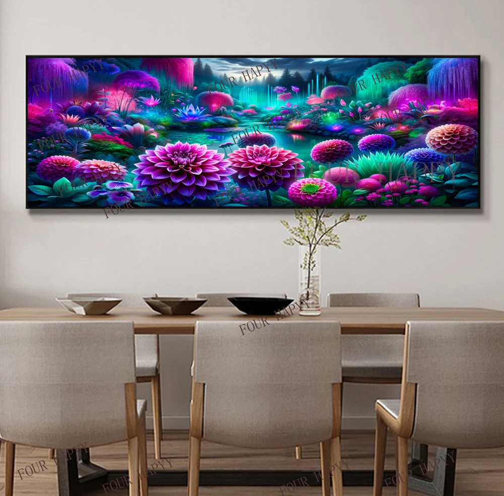 5D DIY Large Diamond Painting Cross Magical Garden Colorful Flowers Landscape Wall Art, Full Round Drill, Embroidery Home Decor