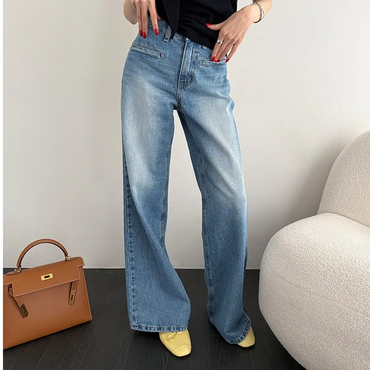 

2026 New Korean Style Fashionable Versatile Retro Washed Small Pocket Micro Flared Leg Lengthening Jeans Women High Waist Str...