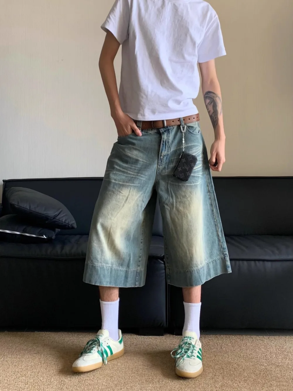 Retro Wide Leg Jorts Summer Retro Washed Straight Denim Shorts Men Knee Lenght Pants