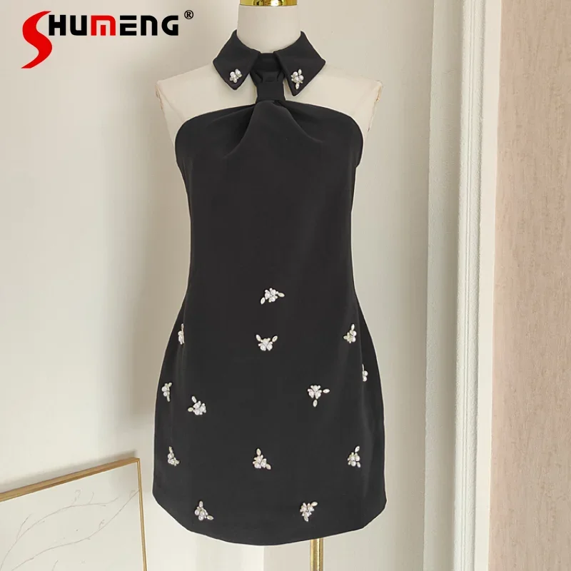 

2024 New Womne's Sexy Lapel Neck Halter Bead Diamonds Slim And Thin Solid Color Dress Black Color Chic Sleeveless Vestidos Mujer