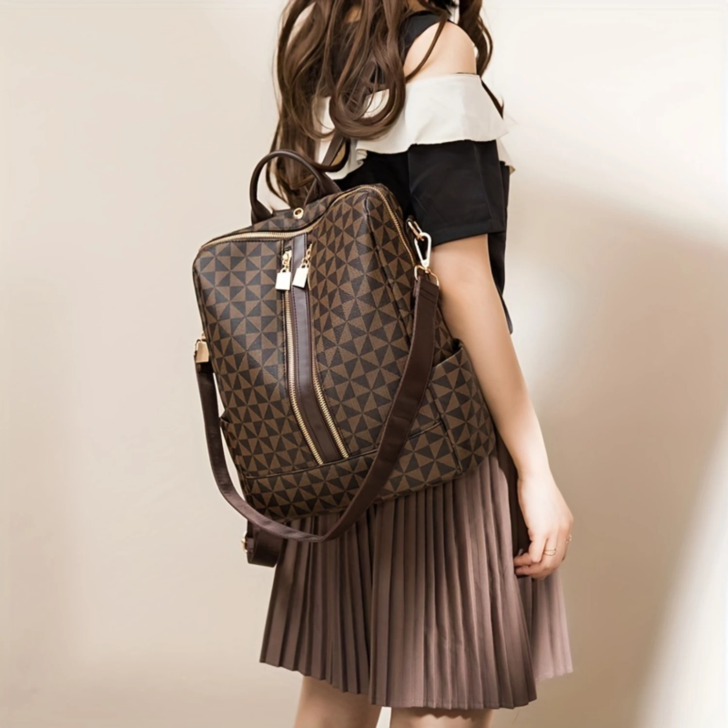 

Geometric Pattern Backpack Purse, Fashion Two-way Shoulder Bag, Zipper Front Travel School Bag