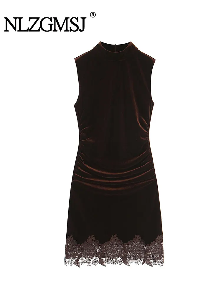 NLZGMSJ Sexy Damen-Partykleid, Herbst, ärmellos, Spitzensaum, Stehkragen, Samt, schlankes, gerafftes Etuikleid, Minikleid