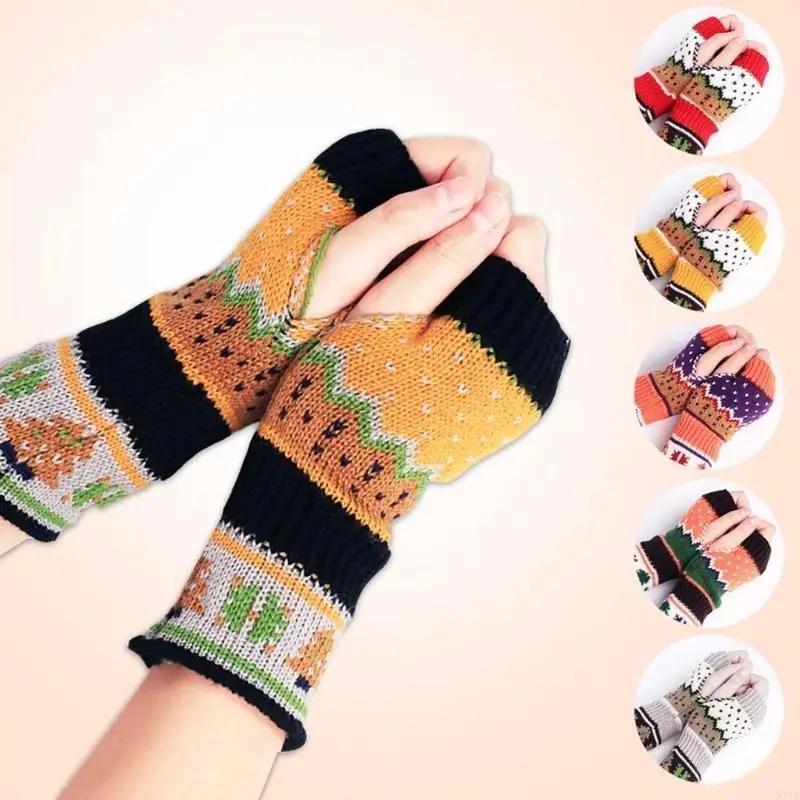 

N7YE Colorful Fingerless Hand Gloves for Teens Girl Christmas Knit Jacquard Gloves Women Accessories Winter Arm Sleeves