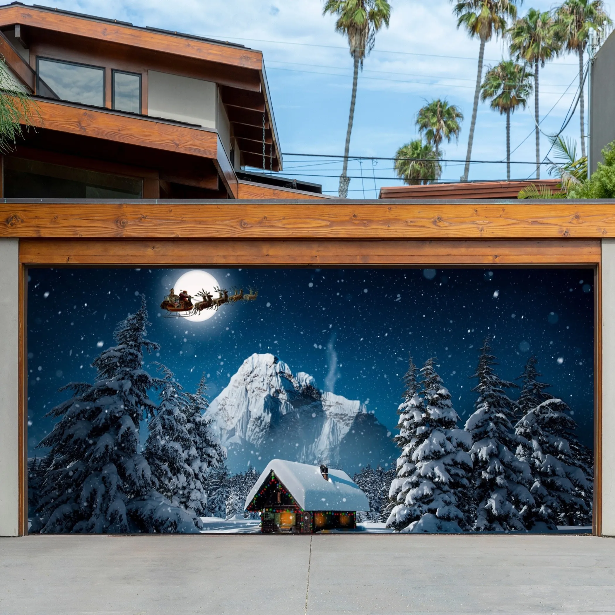 Night Snow Scene Garage Door Tapestry - Winter Wonderland with Snowy Mountain, Pine Trees & Moonlit Sky - Heavy-Duty