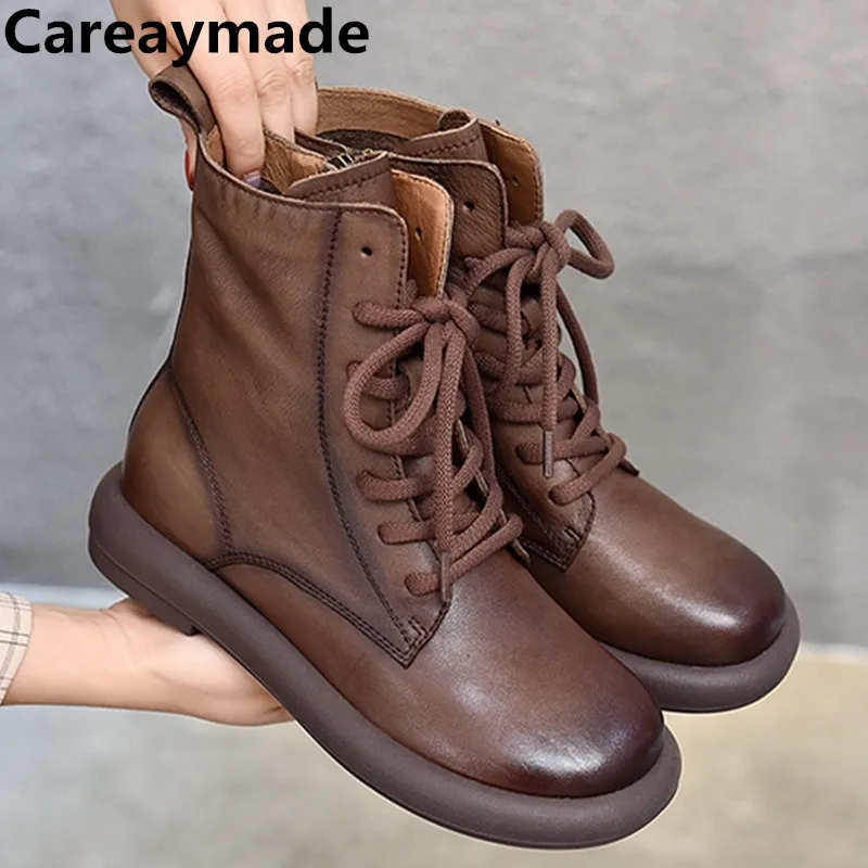 Careaymade-Genuine leather women's Short boots,large head wide version Casual high top cowhide boots,autumn/winter single boots