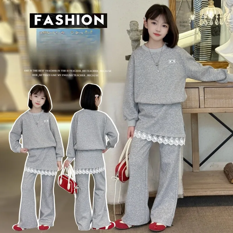 

Children Clothing Sets Fashion Girls Round Neck Long Sleeves Sweatshirt+Lace Splicing Pant Two-piece Set Solid Color