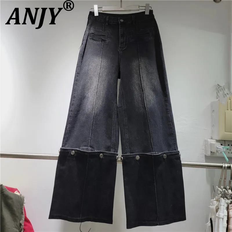 ANJY Spring Autumn New Women Washed Distressed Deconstructed Design Denim Pants Metal Buckle Detachable Stylish Ins Jeans A27461