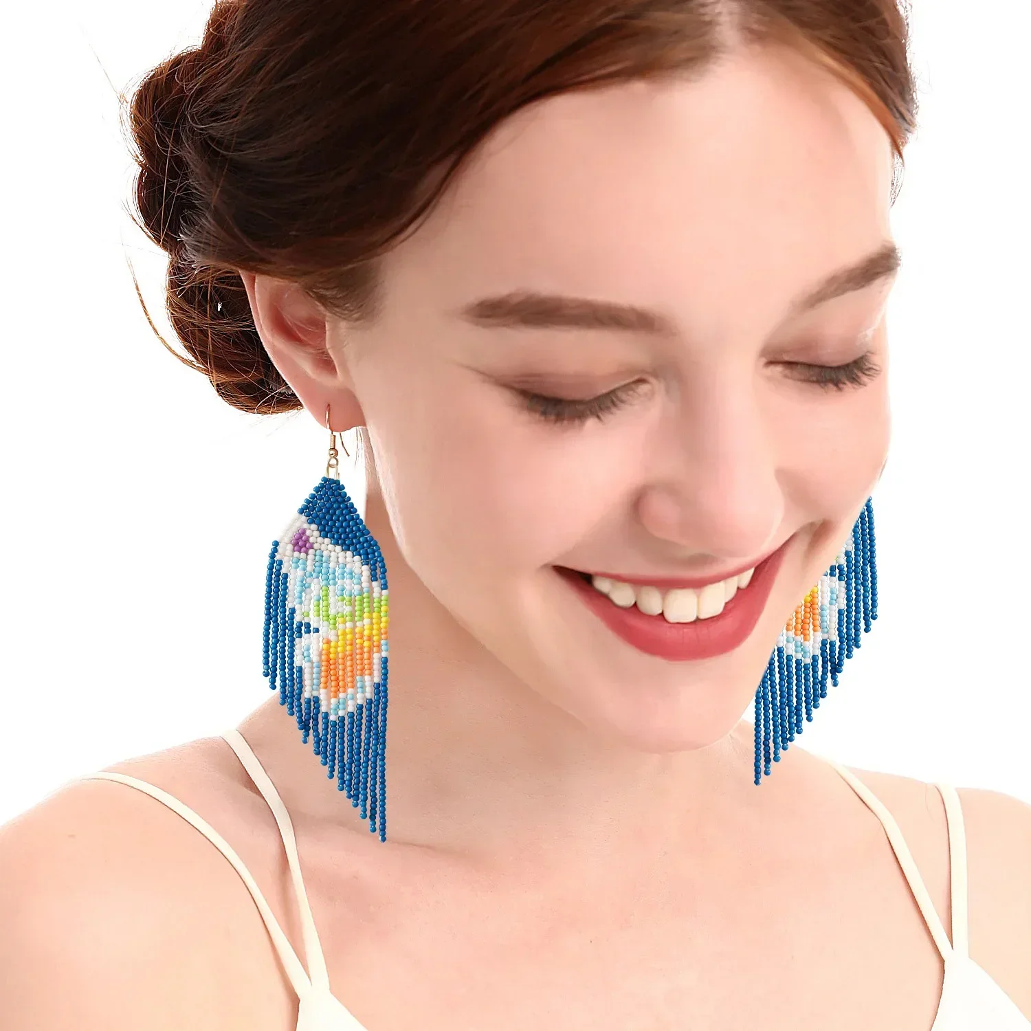 

Bohemian Butterfly Beaded Earrings with Tassel Hand-Knitted Alloy Simple Rice Bead Jewelry Symmetrical Design for Women