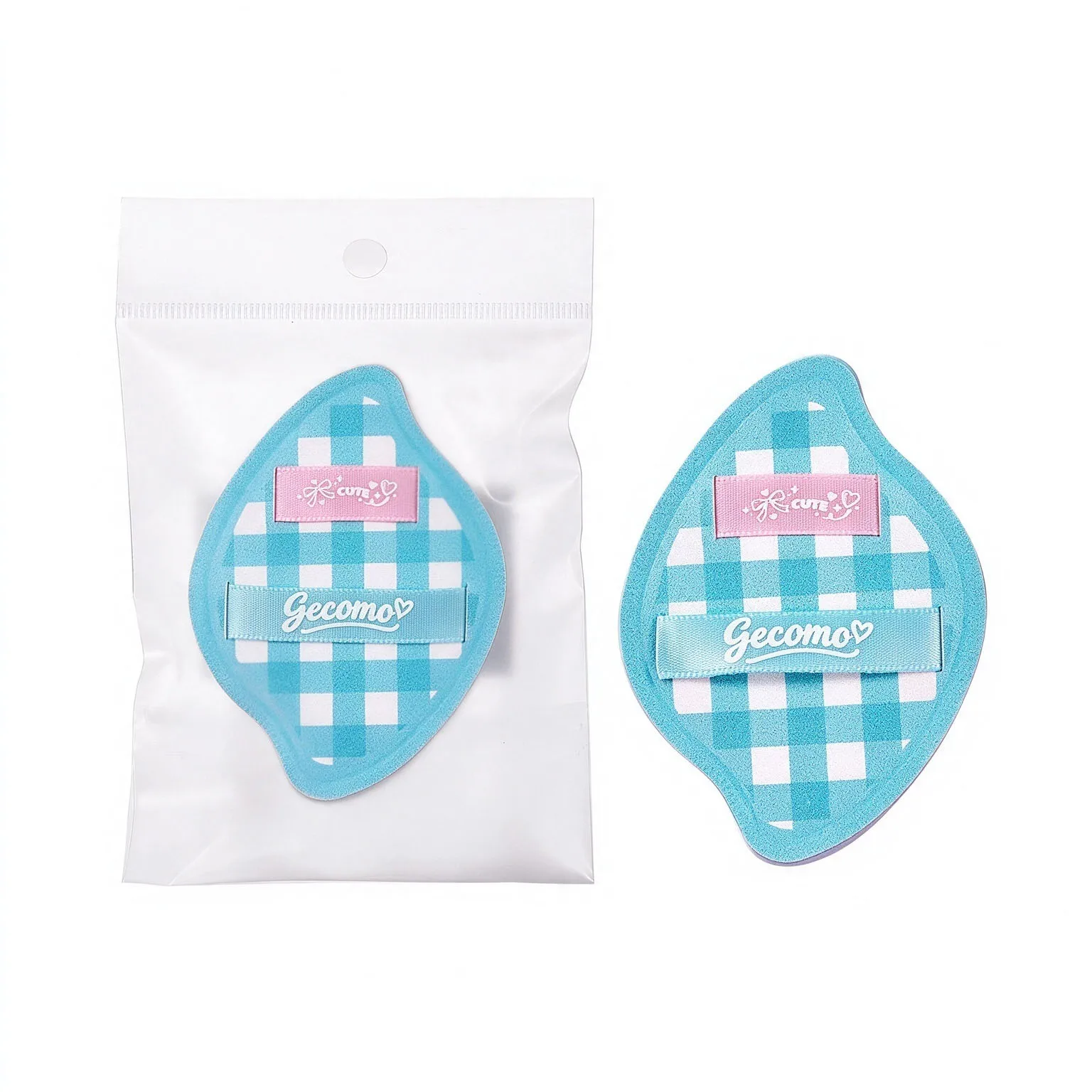 Cream Gingham Makeup Puff, Dual Finger Strap Cow Horn Shape Powder Puff, Wet & Dry Dual Use Foundation Sponge for Flawless Base