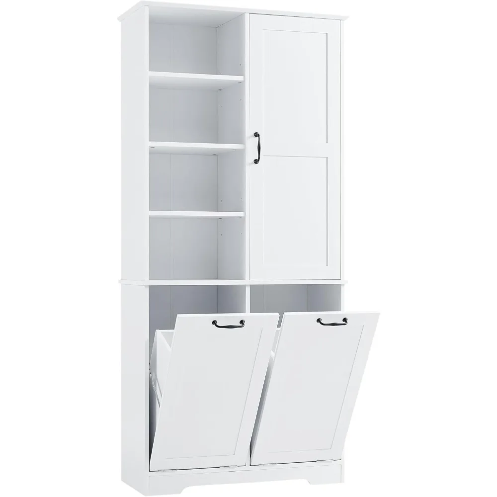

Tall Bathroom Storage Cabinet with Laundry Hamper Freestanding Storage Cabinet with Open Shelves and Adjustable Shelf Multiple S