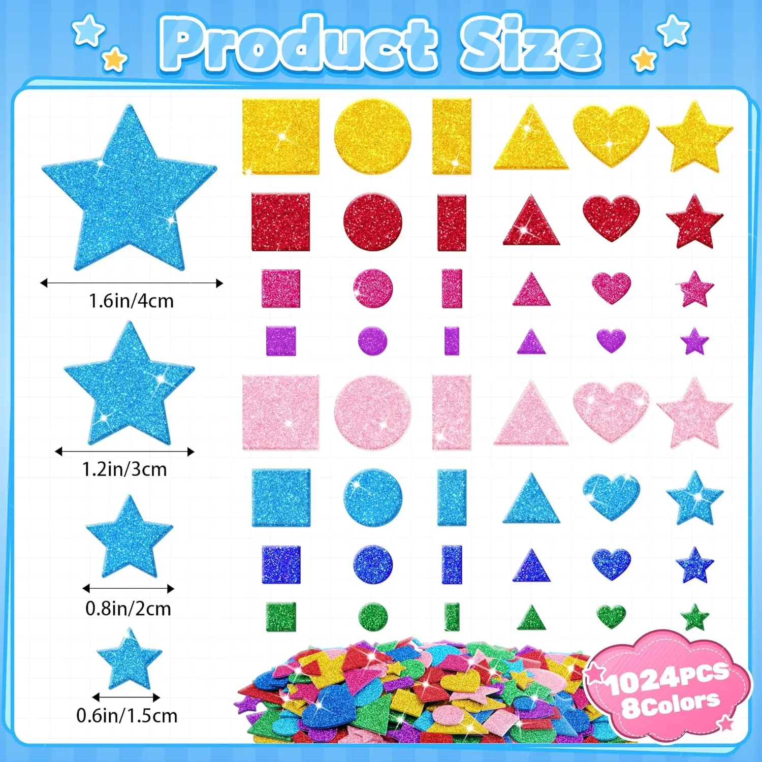 1024PCS Foam Stickers Geometric Heart Star Circle Triangle Stickers DIY Home Decorative Decals Assorted Shapes Pack