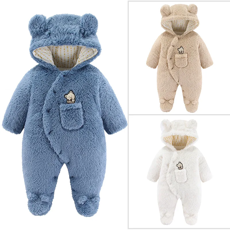 

2025 New Cute Plush Baby Boy Romper Infant Girl Overall Jumpsuit Spring Autumn Hooded Baby Rompers 1 - 12 Months Newborn Clothes