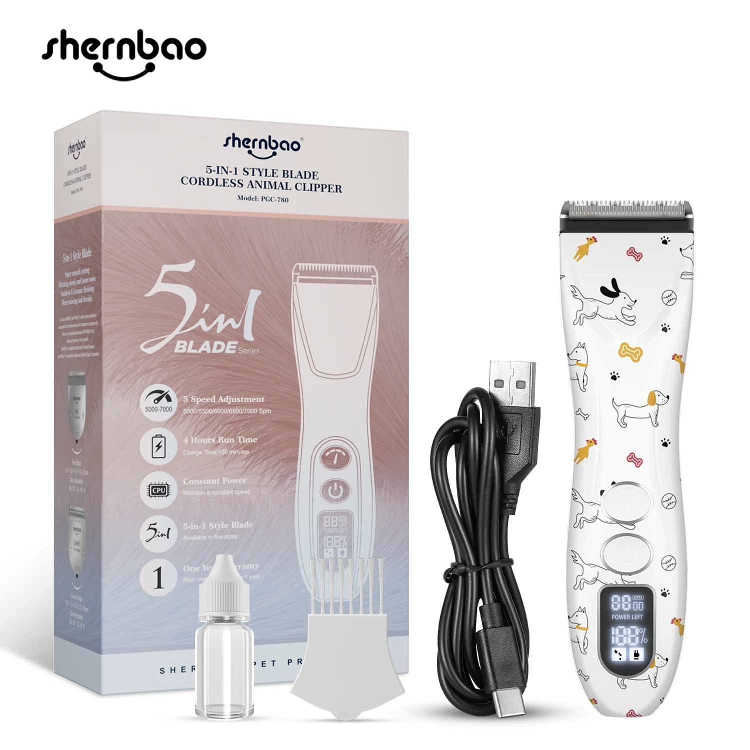 Shernbao PGC 780 5 in 1 Cordless Dog Clipper LCD Display Professional Rechargeable Pet Cat Hair Grooming Trimmer Pet Clipper