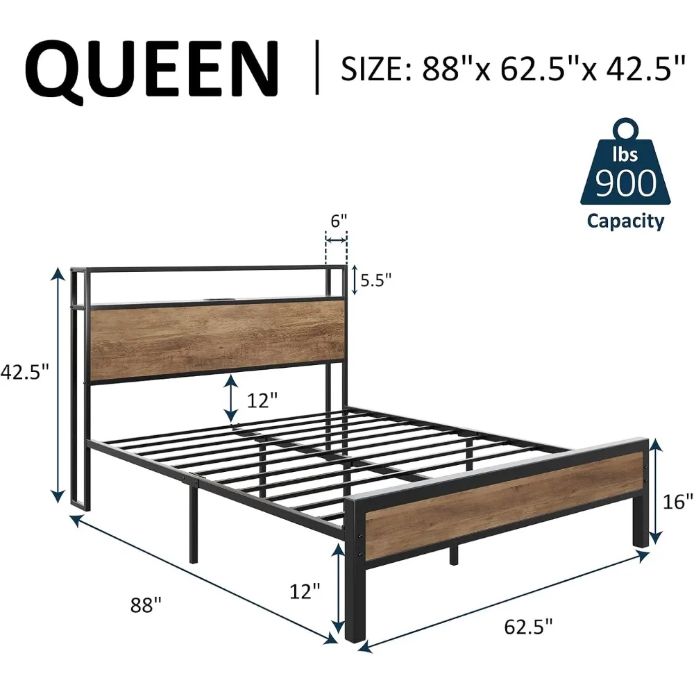 Bed Bases & Frames Queen Size Bed Frame Industrial Platform Bed With Charging Station Base Beds and Frames Bedroom Furniture