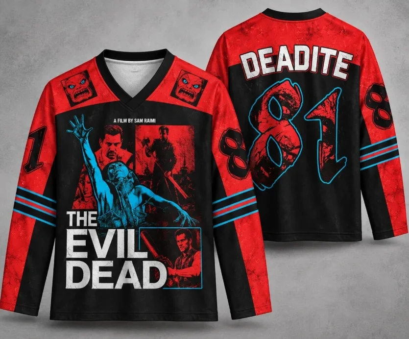 Men Horror Graphic V Neck Long Sleeve Jersey T Shirt Vintage Distressed Figure Print Streetwear Halloween Casual Pullover Tops