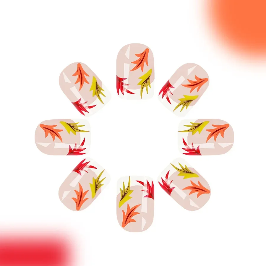 24Pcs Short Shiny Square Press on Nails Fashionable French White Nail Tips Autumn Leaves Pattern Full Cover Fake Nail for Women