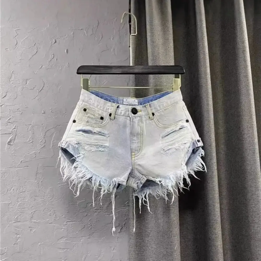 

White Denim Shorts Jean Female New Summer Outfit Hot Girl Broken Hole Pants Casual Fashion Wide Leg A Word Hot Pants For Women