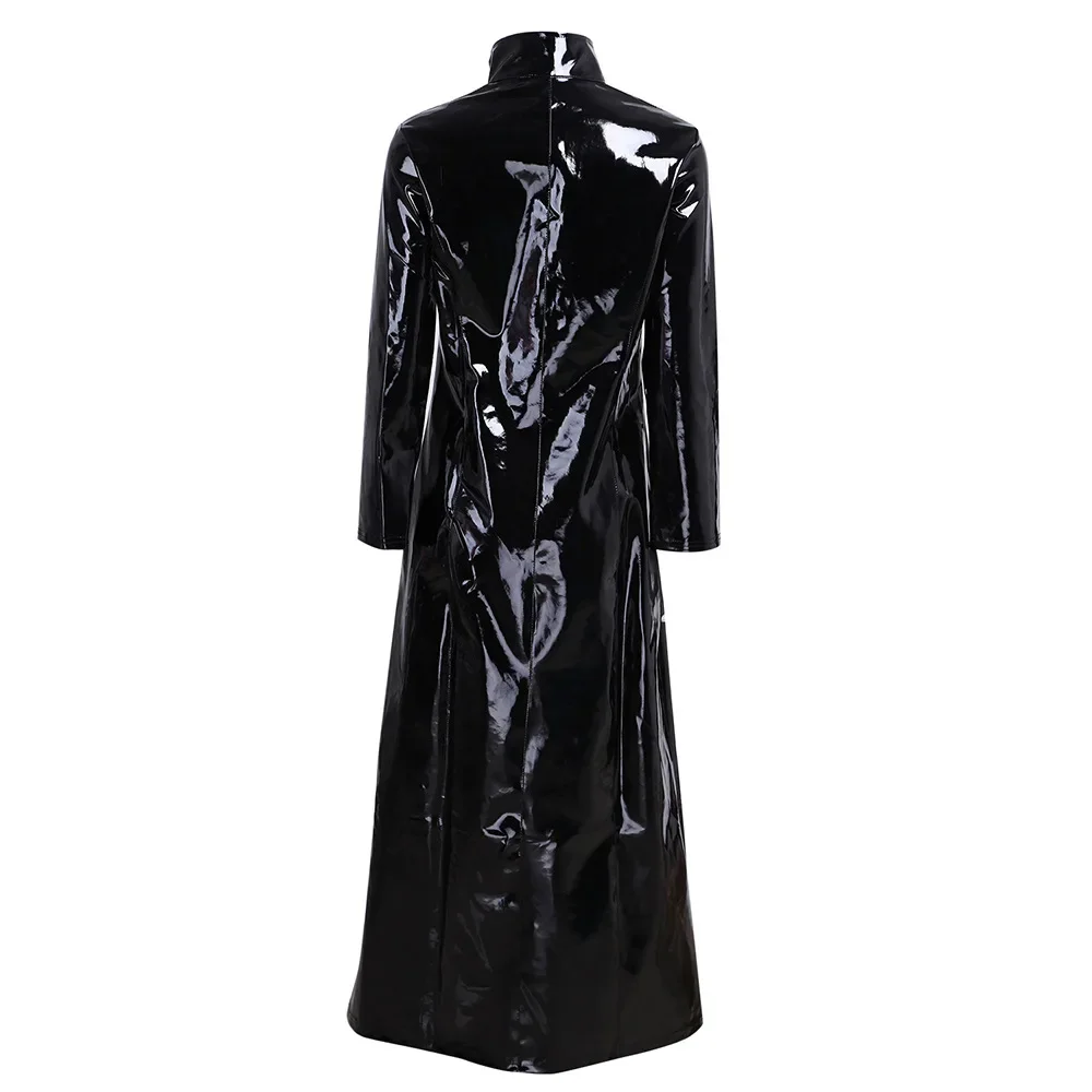 Wetlook Patent Leather Jacket Long Women\'s Clothing Streetwear Solid Color Steampunk Gothic Lapel Biker Jacket S-5XL Zipper Coat