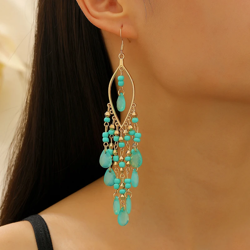 

Ethnic Long Acrylic Water Drop Earrings for Women Retro Boho Gold Color Hollow Tassel Earrings Bijoux Femme Accessories