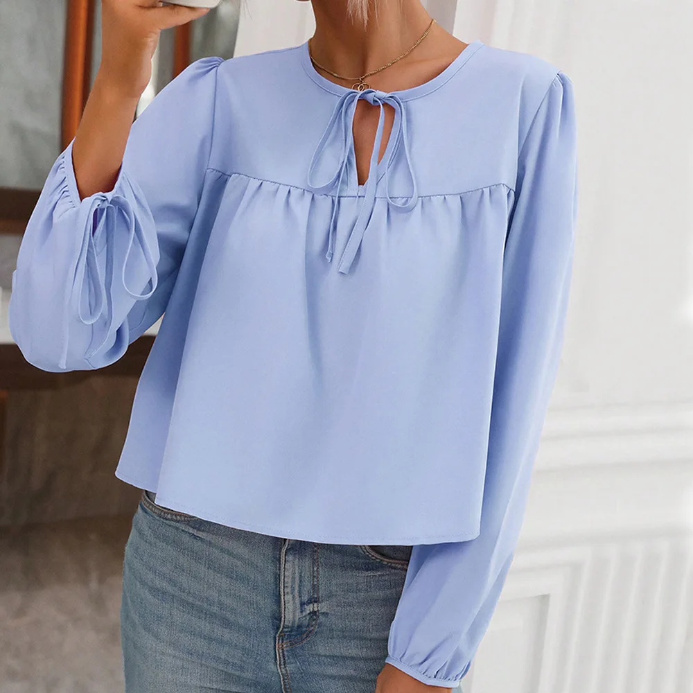 Women Spring Summer Round Neck Tie Bubble Sleeve Loose Casual Top Blouse
