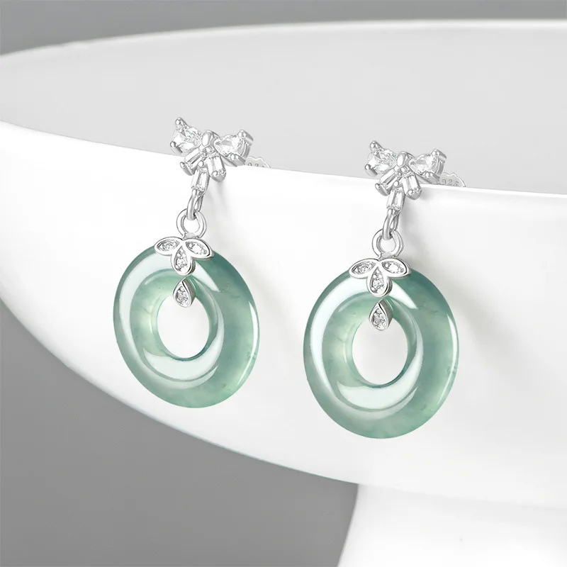 

Myanmar Jadeite Ring Earrings Talismans Vintage Carved Gemstone 925 Silver Designer Real Jade Charm Ear Stud Gifts for Women