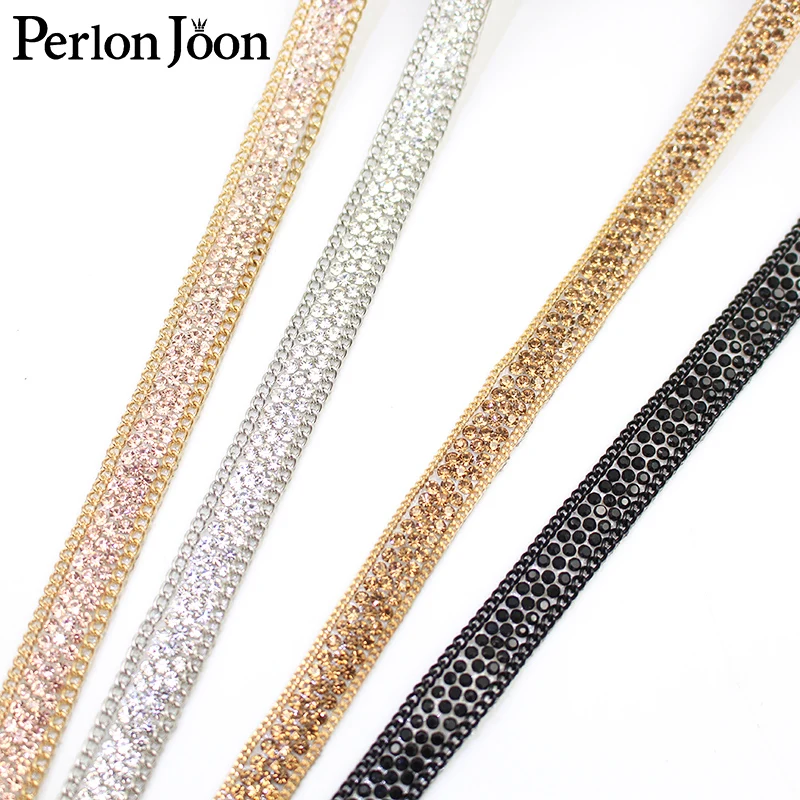 gold silver chain rhinestone trim tape hot fix craft crystal decoration iron on webbing clothing bags shoes TR163