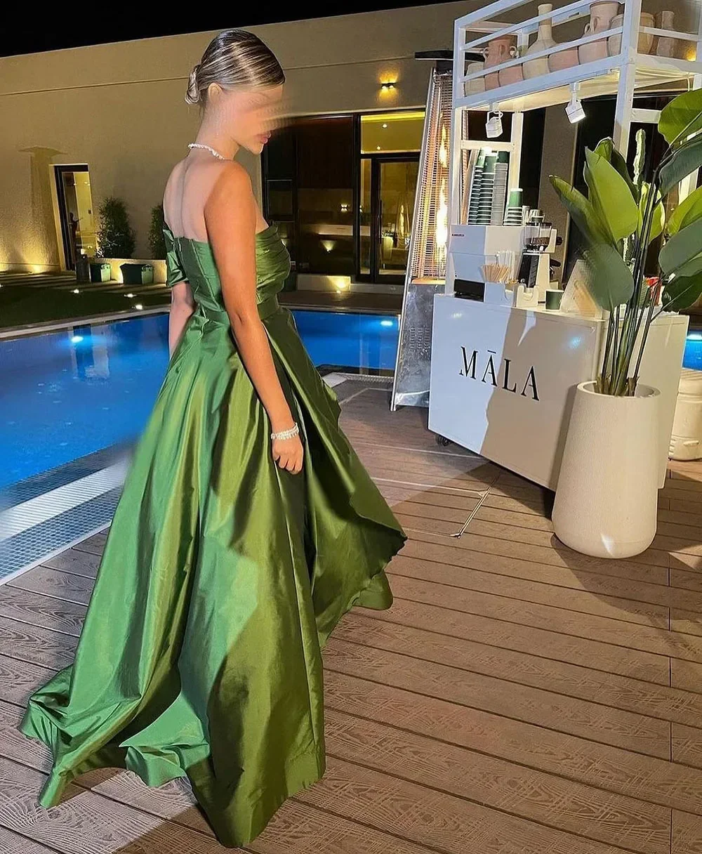 Personalizado verde tafetá a linha formal vestidos de baile fenda lateral um ombro plissado vestido de noite arábia dubai pageant formal par