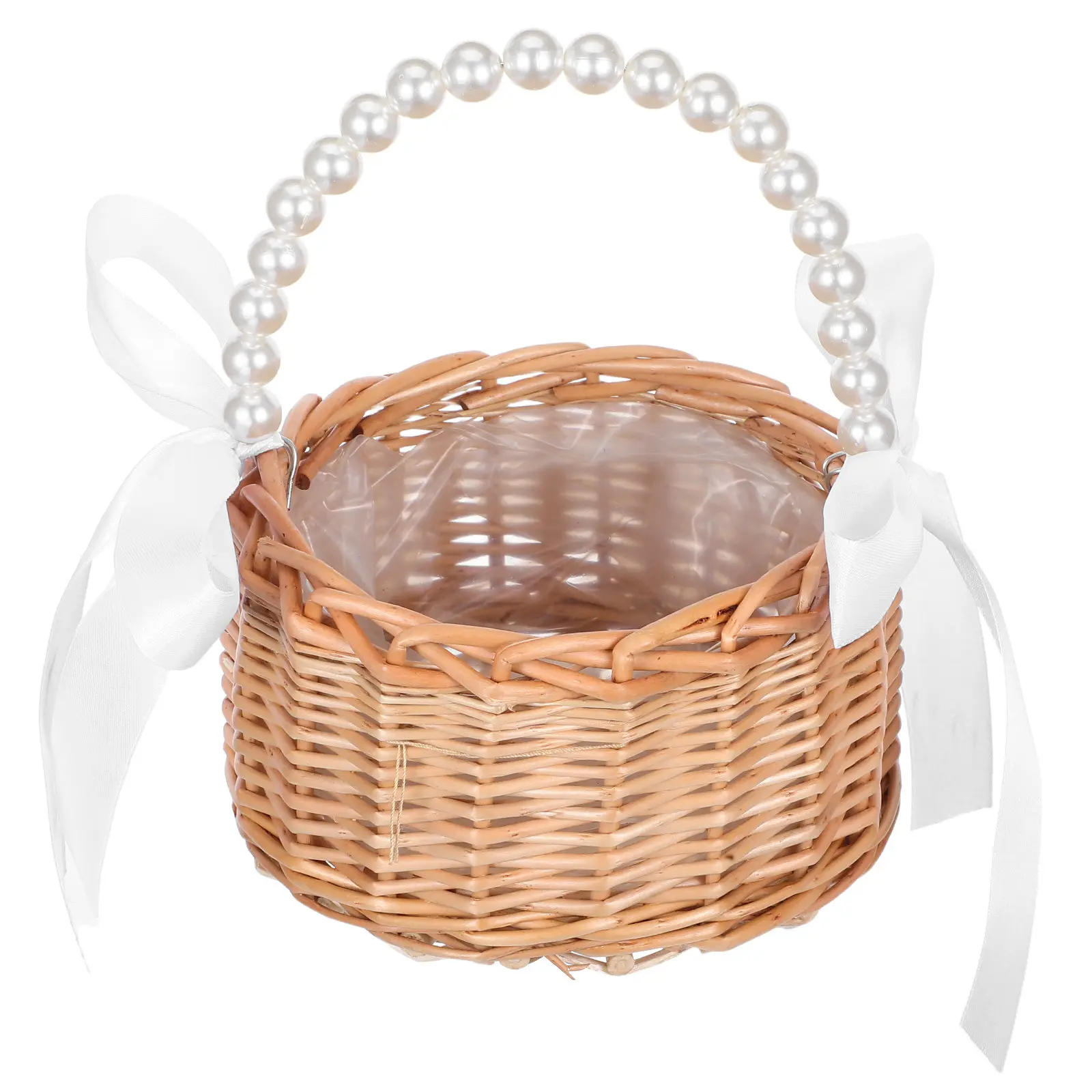 Cute Rattan Flower Girl Basket Pearl Embedded Handle White Bowknot Ribbon Woven Wicker Wedding Ceremony Decorative Candy Petals