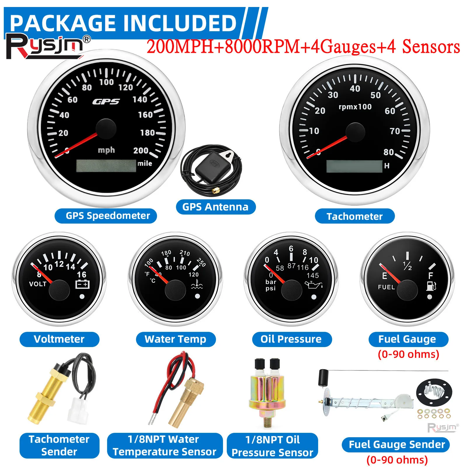 6 Gauge Set With 4PCS Sensors 85mm Gauge+52mm Gauge 200MPH GPS Speedometer 8000RPM Tachometer Temp Oil Press 0-90ohm Fuel Volt