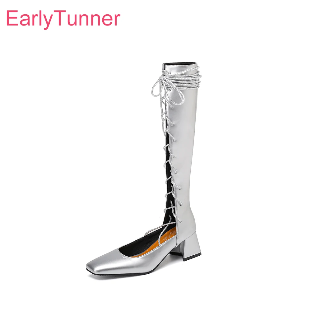 

2026 Spring Novelty Black Silver Women Pumps Square Toe Lace Up Knee High Lady Streetwear Shoes Plus Size 12 43 45 48